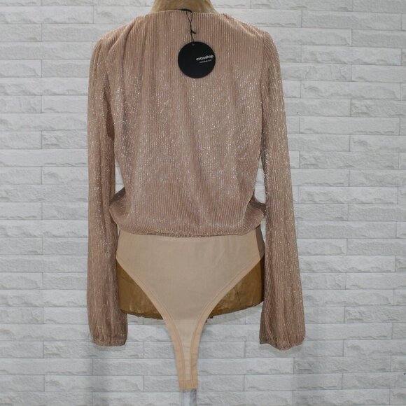 MITTOSHOP Bodysuit Sheer Gold Shimmer Chiffon Crossover Long Sleeve Party Large - Picture 3 of 13